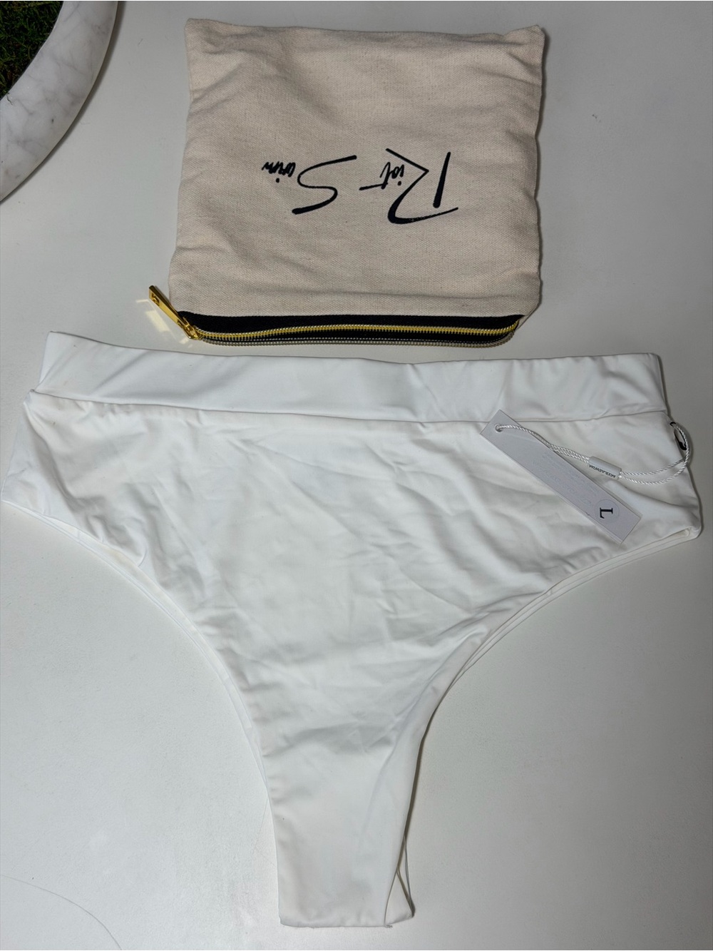 NWT Riot Swim White High-Waisted Bikini Bottoms - Size Large + Canvas Bag